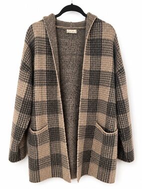 Bécool Plaid Hooded Open Front Cardigan Gray Beige Neutral Cozy Knit Sweater M/L